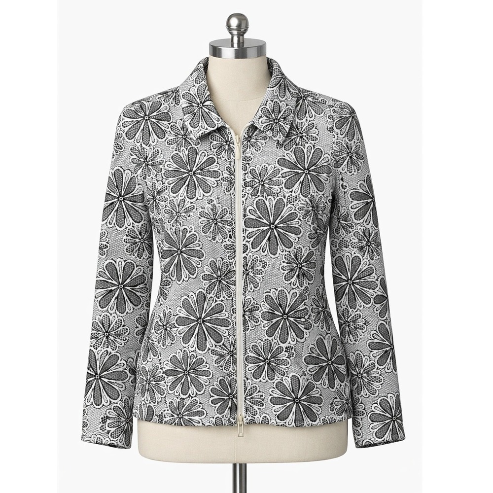 Joseph Ribkoff Jacket Size 14 Full Zip Front Black‎ White Floral Pattern Elegant
